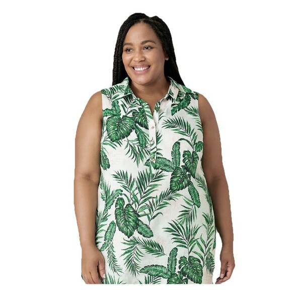 C&C California 2X Sleeveless Dress Linen Green Palm Leaf Print Tropical Beach - Picture 1 of 8